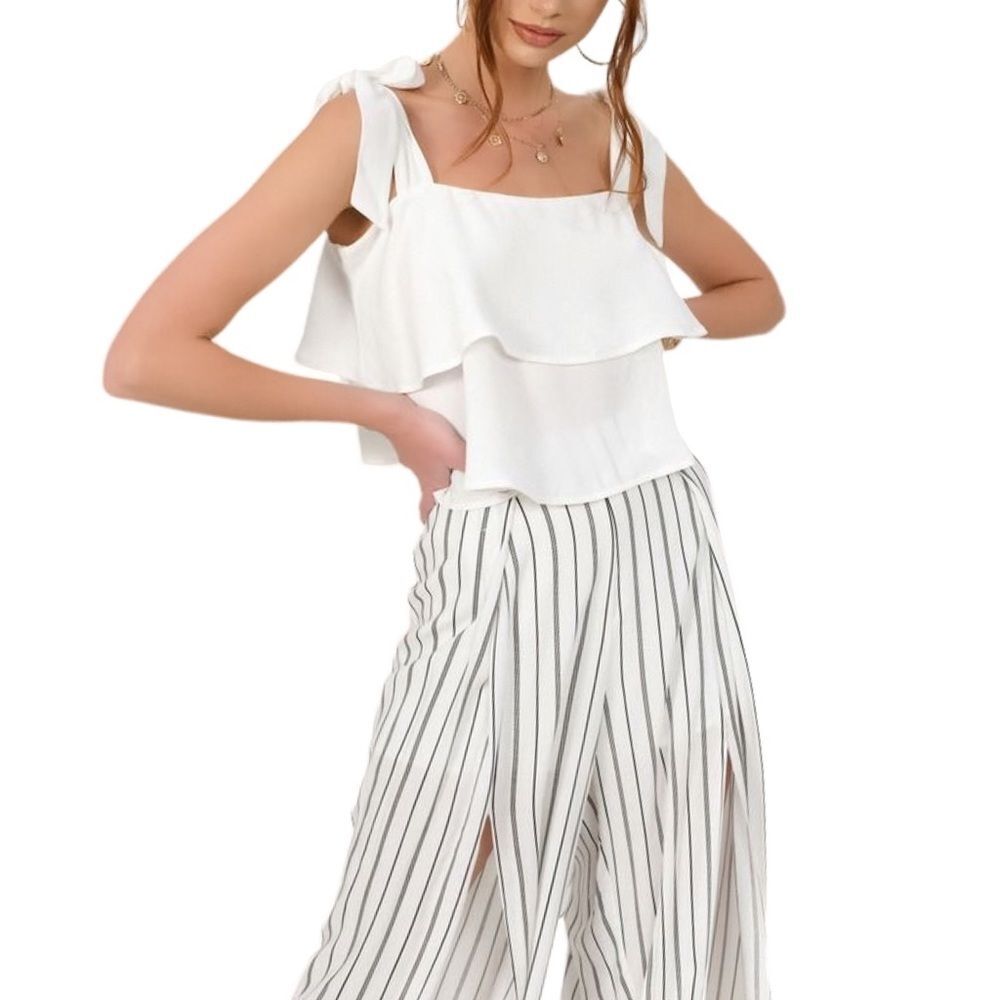 Tobi White Layered Ruffled Adjustable Tie Strap Cropped Blouse